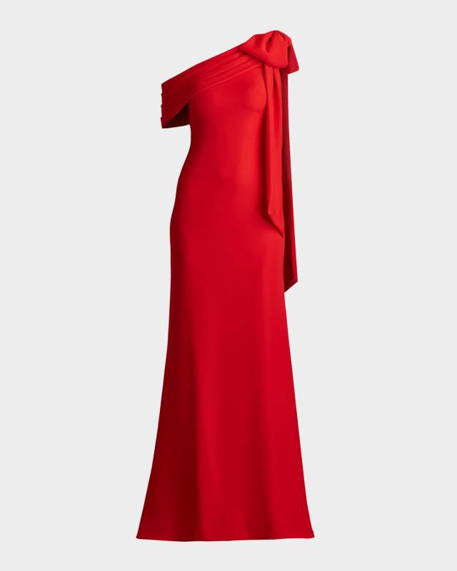 Cassia Colorblock Bow-Shoulder Crepe Gown